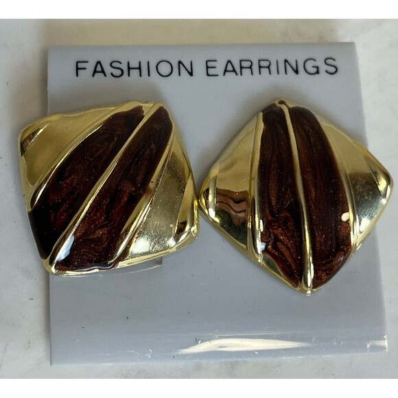Vintage 80s Earrings Square Gold-tone‎ Brown Faux Tiger Eye Pierced New Career - Picture 1 of 2